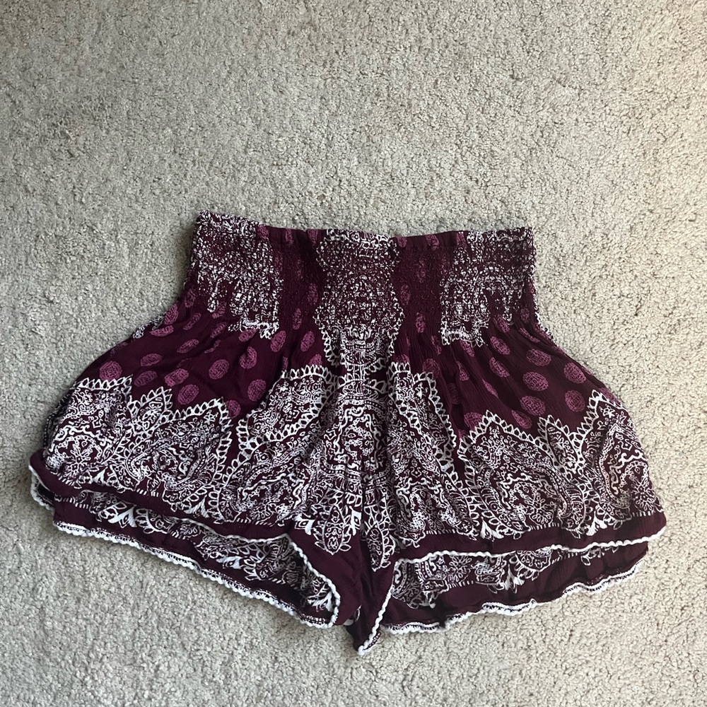 Altar'd State High Waist Boho Burgundy Patterned Shorts
